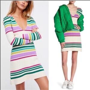 Free People Gidget Striped Knit Waffle Texture Long Sleeve Sweater Dress Small